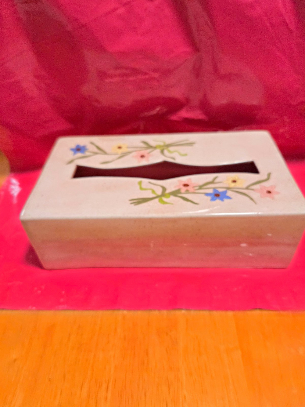 Hand Painted Floral Ceramic Tissue Box Cover Beige Vintage Glossy 10x5x4"